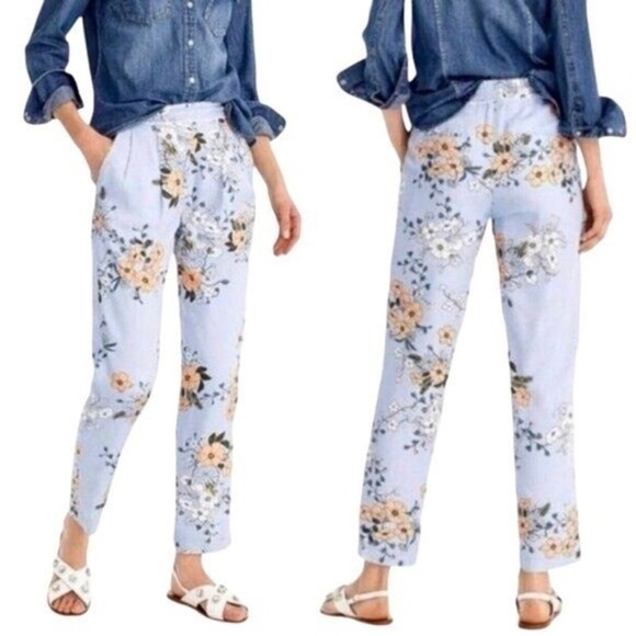 J. Crew Pants - J. Crew Garden Floral Sky Blue Silky High-rise Pocket Pants